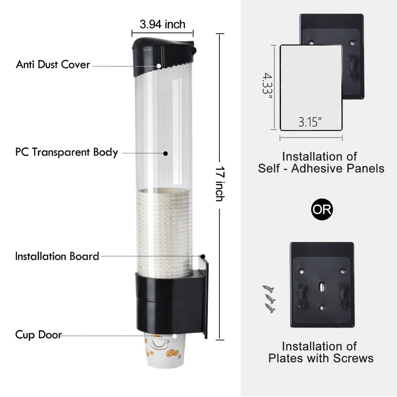 LBTING Cup Dispenser, Water Cooler Pull Type Cup Holder Fits 7oz - 12oz Cone or Flat Bottom Cups, Paste or Screw Plate Wall Mount, 16.9" Tube Length Black - Image 2